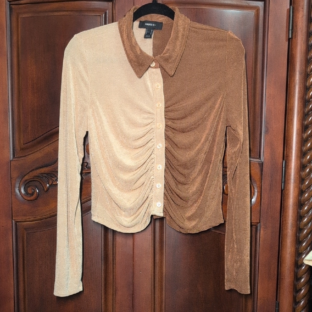 Forever 21 Brown and Tan Ruched Button-Down Shirt